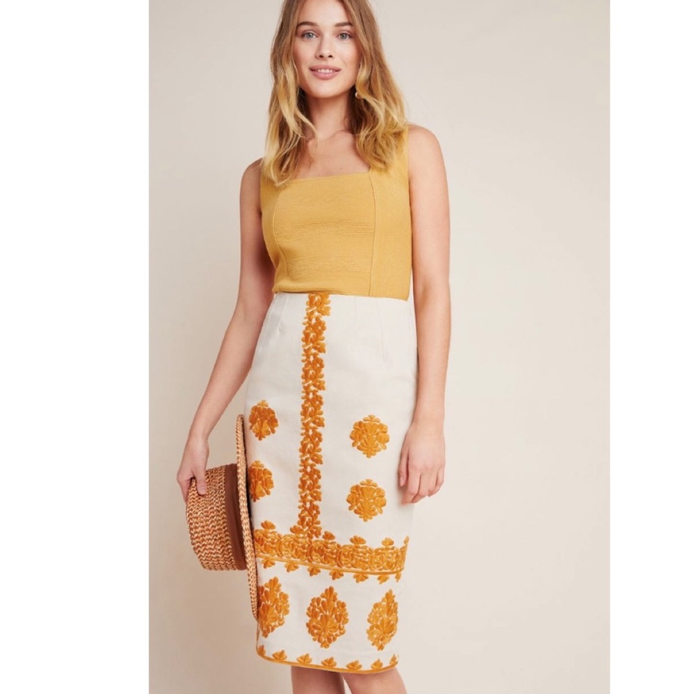 Anthropologie embroidered khaki skirt